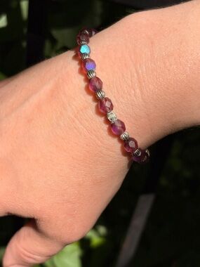 HANDCRAFTED BRACELET Aurora Borealis Amethyst Purple Faceted Beads Silver Beads